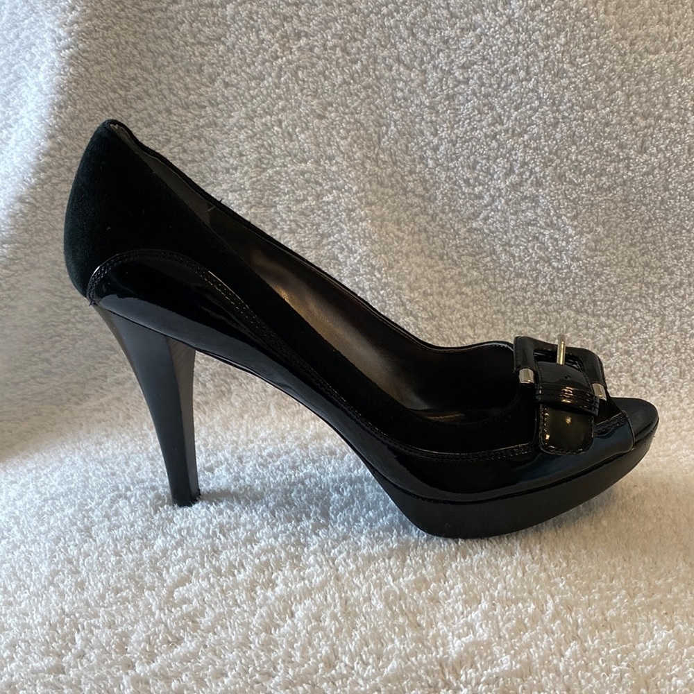 Marc Fisher “Utinia” black buckle peep toe heel. Size 9.5
